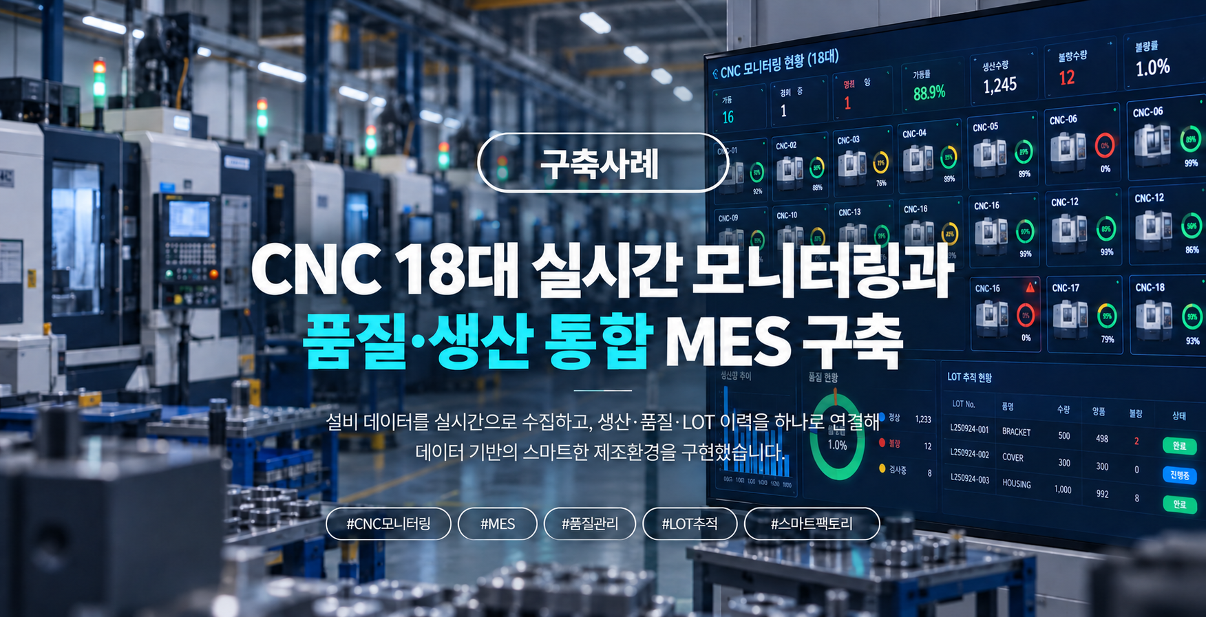 정밀 CNC 가공기업 CNC 18대 실시간 모니터링 현황판 — 설비별 가동률, 품질 현황, LOT 추적 현황 화면