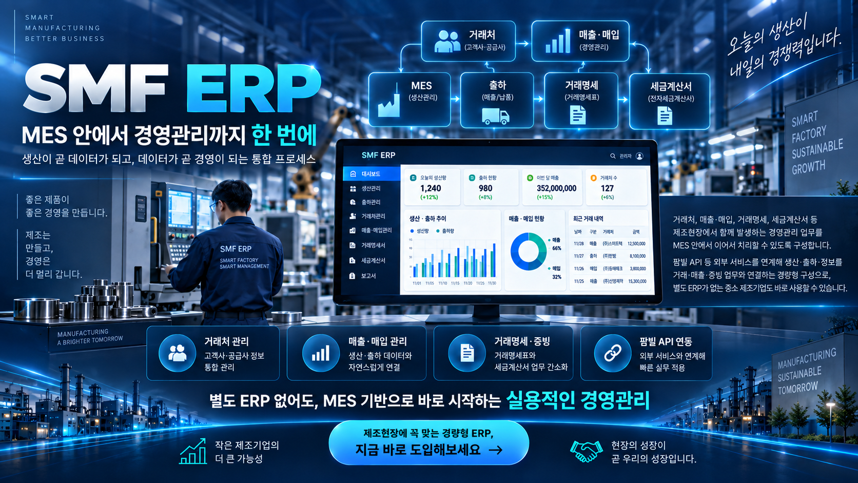 SMF ERP 소개 이미지 — 거래처·매출매입·거래명세·세금계산서로 이어지는 MES 연계 흐름과 SMF ERP 대시보드 화면